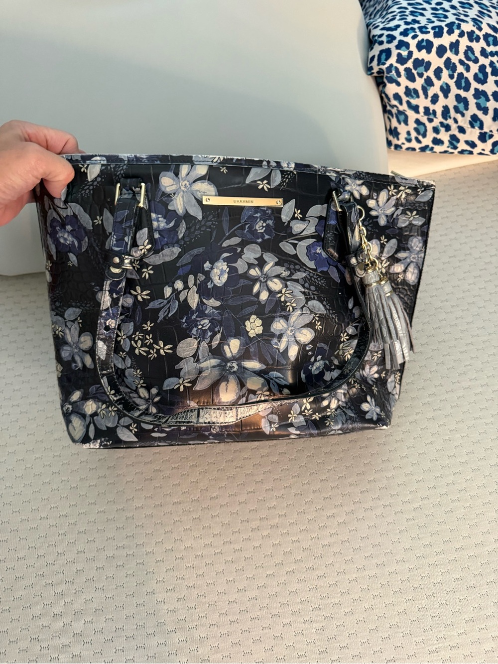 Brahmin Navy and Gray Floral Patent Leather Tote with Tassel